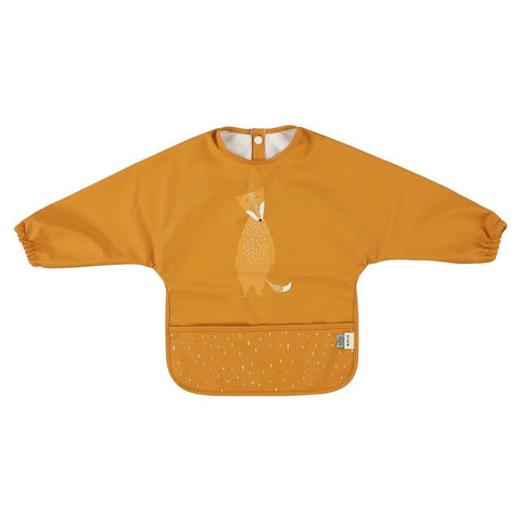 3. Front view of orange Trixie Baby waterproof long sleeve bib featuring Mr. Fox design and handy pocket