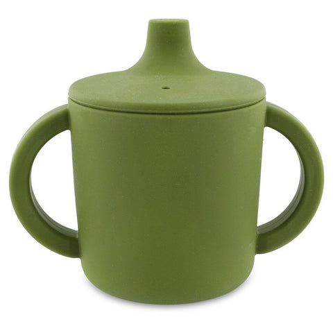 2. Green silicone sippy cup with dinosaur face design and big handles, shown from back on white background