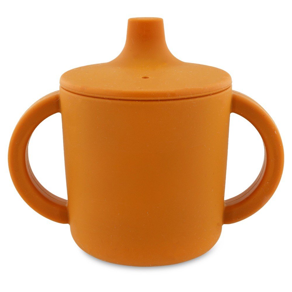 4. Back view of orange Mr. Fox silicone sippy cup with big handles on white background