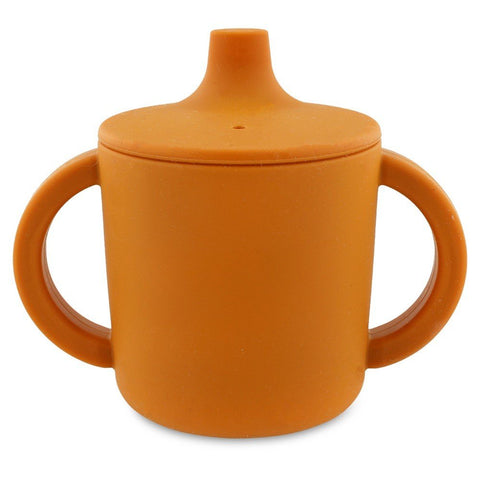 4. Back view of orange Mr. Fox silicone sippy cup with big handles on white background
