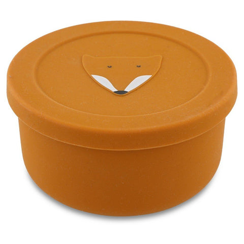 1. Orange silicone snack container with fox design on lid, by Trixie Baby, shown in studio setting