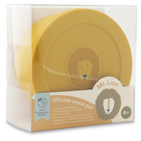 5. Packaged yellow silicone snack container with Mr. Lion face, suitable for children, by Trixie Baby