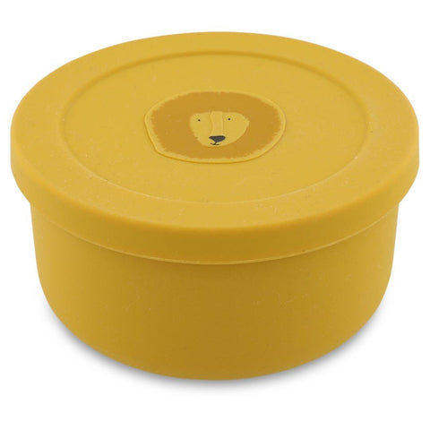 1. Yellow silicone snack container with Mr. Lion face on lid, designed for children, by Trixie Baby