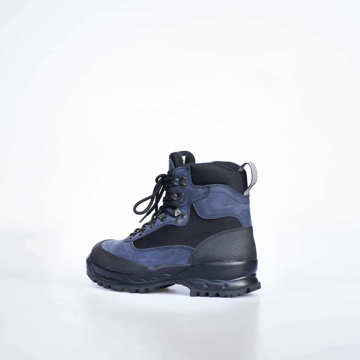 3. Angled view of Samelin 550 Navy hiking boots showing rubber reinforcements on toe and heel