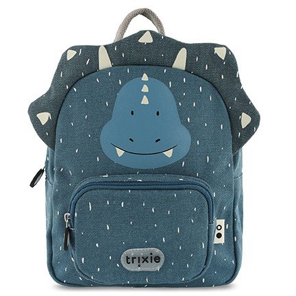 1. Front view of Trixie Baby's Mr. Triceratops small backpack in blue with dinosaur face and horn details, featuring a front pocket and brand logo