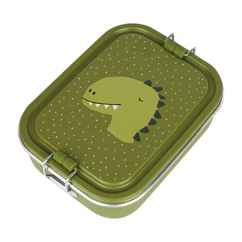 3. Closed green Mr. Dinosaur lunch box with dinosaur print on lid and secure silicone buckle