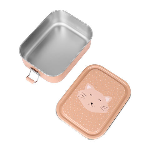 3. Open Trixie Baby Mrs. Cat lunch box showing stainless steel interior and removable lid with cat face design