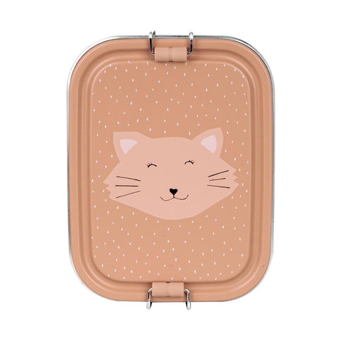 2. Trixie Baby Mrs. Cat small lunch box with cat face design on peach background, stainless steel with silicone buckle