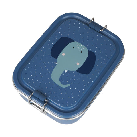 1. Blue lunch box with Mrs. Elephant design on lid, featuring stainless steel construction and silicone buckle, shown closed on white background