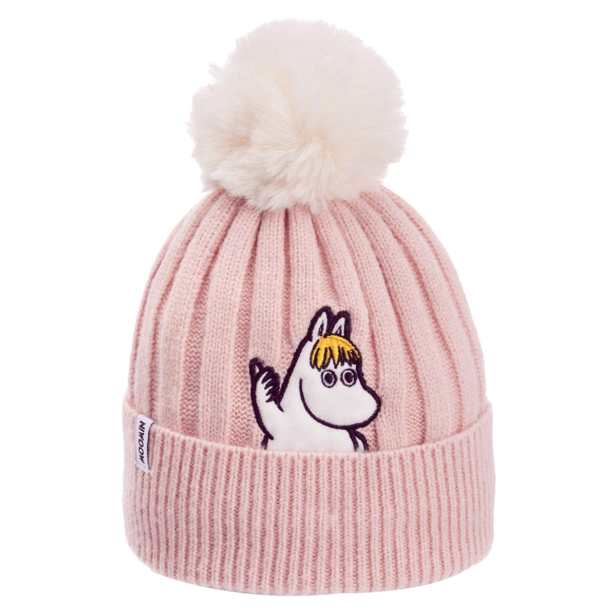 1. Kids' baby pink beanie with white pom-pom featuring Snorkmaiden embroidery, by Moomin NordicBuddies