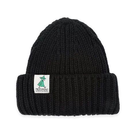 2. Black chunky beanie with Moomin by NordicBuddies logo on folded brim, studio background