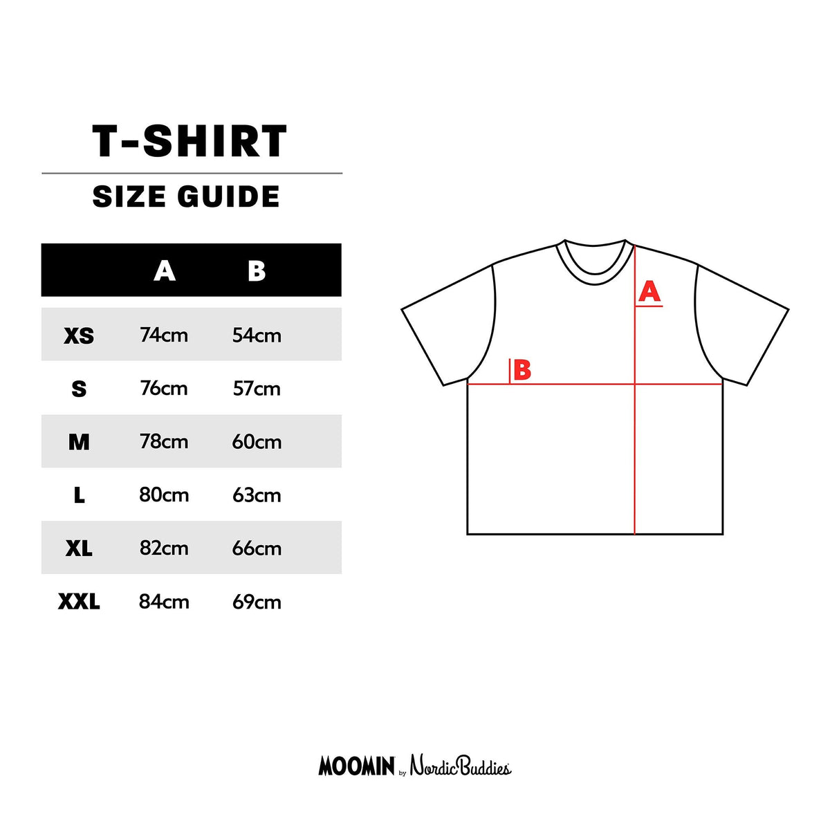 9. Size chart for Moomin unisex t-shirt, showing XS–XXL in cm with fit diagram