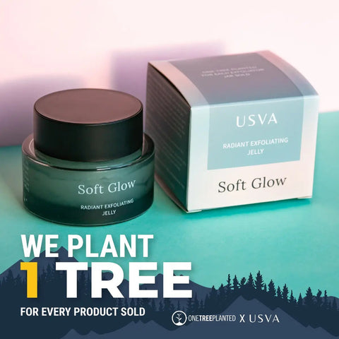 2. Usva Cosmetics Soft Glow Radiant Exfoliating Jelly with packaging, promoting tree planting initiative