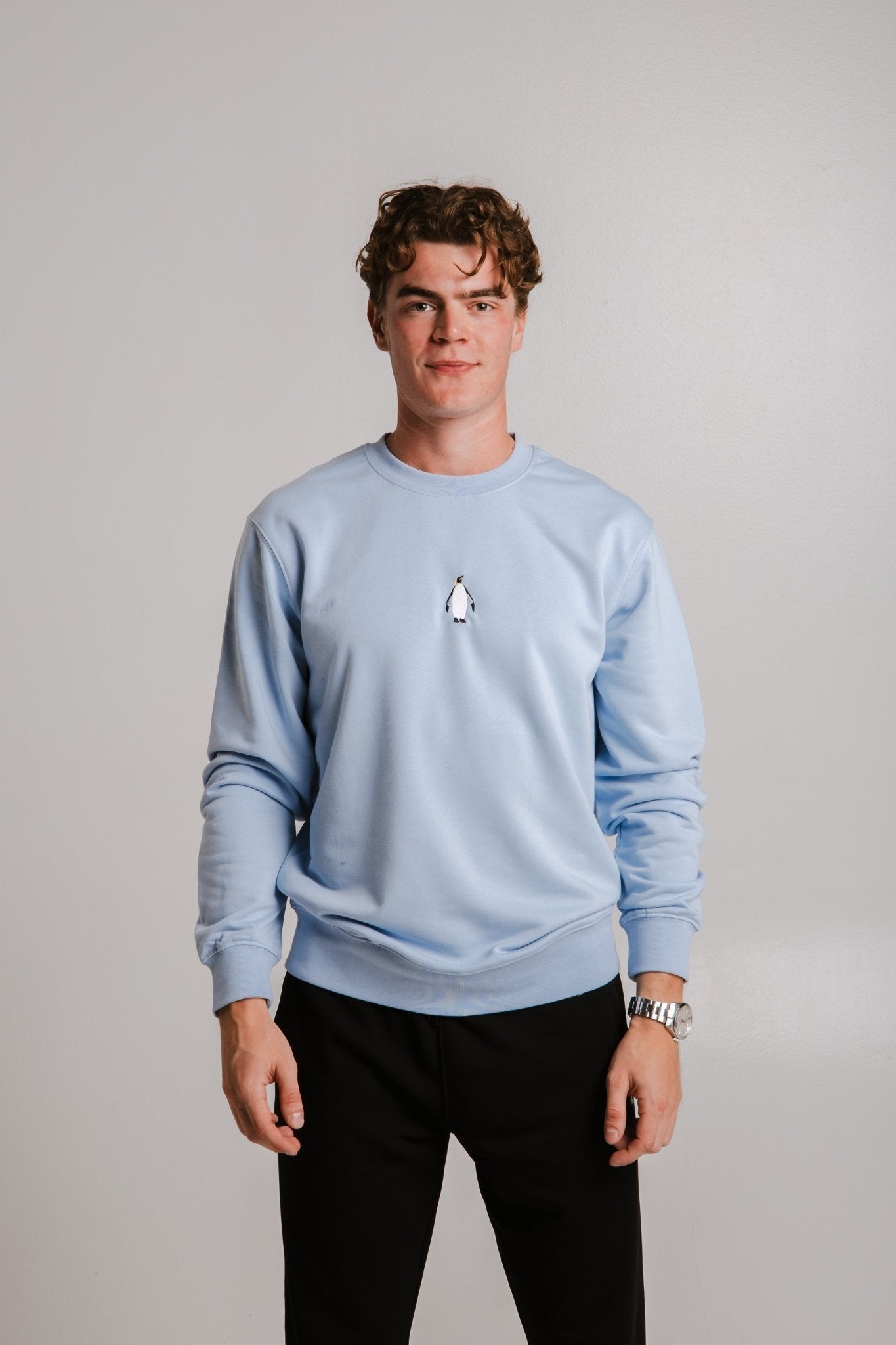 1. Unisex light blue Emperor Penguin Soft Fleece Sweatshirt by Sossu worn by male model in studio