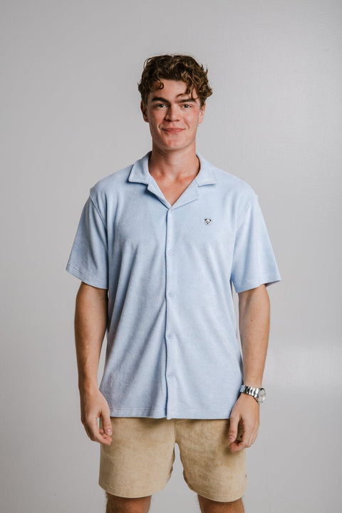 3. Front view of men's light blue Panda Terry Shirt by Sossu, relaxed fit