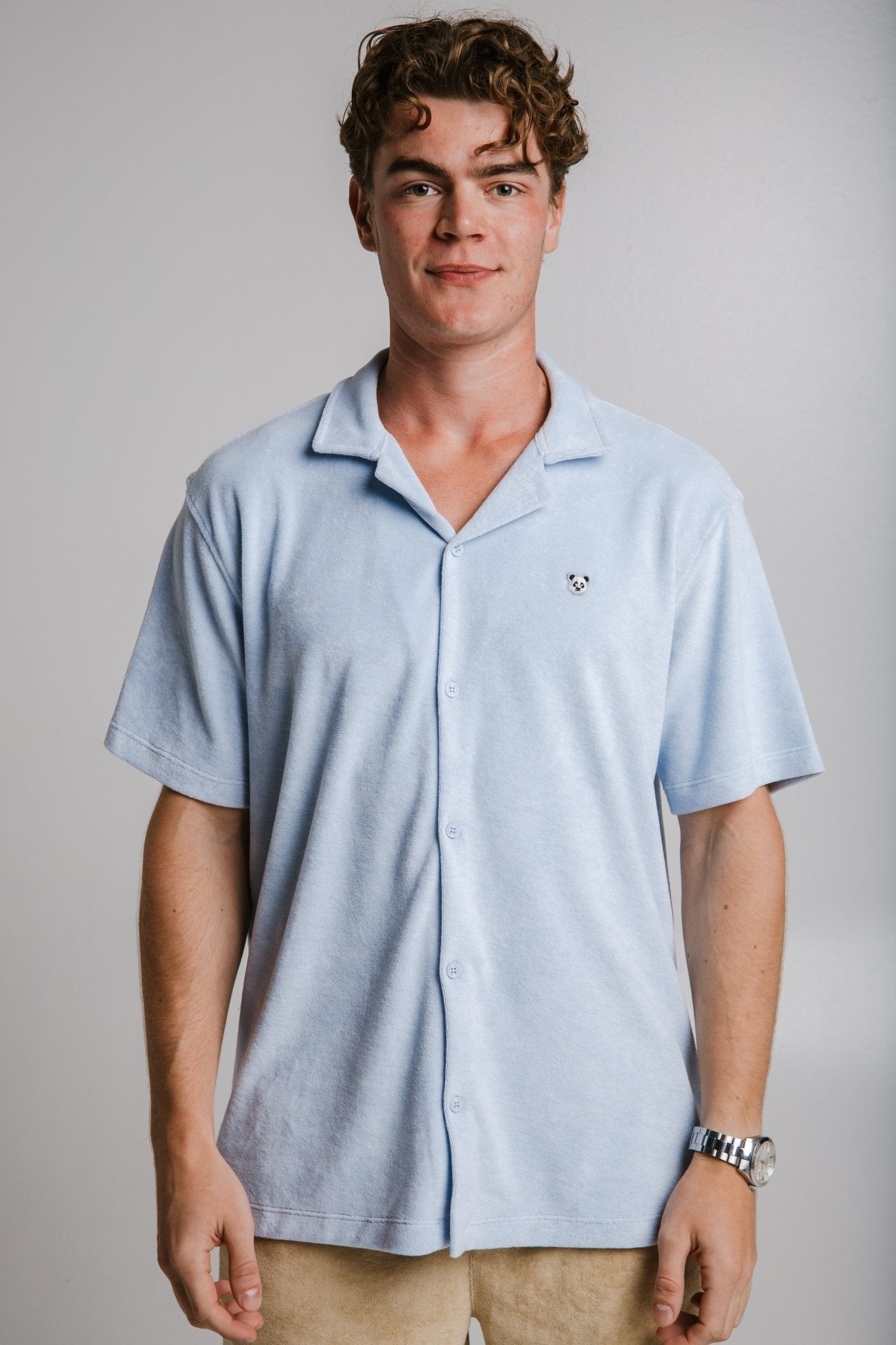 1. Men's light blue Panda Terry Shirt by Sossu, shown in studio setting