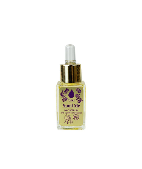 2. Tilk! Spoil Me Anti-Ageing Face Serum with Q10, 15ml, studio shot of bottle