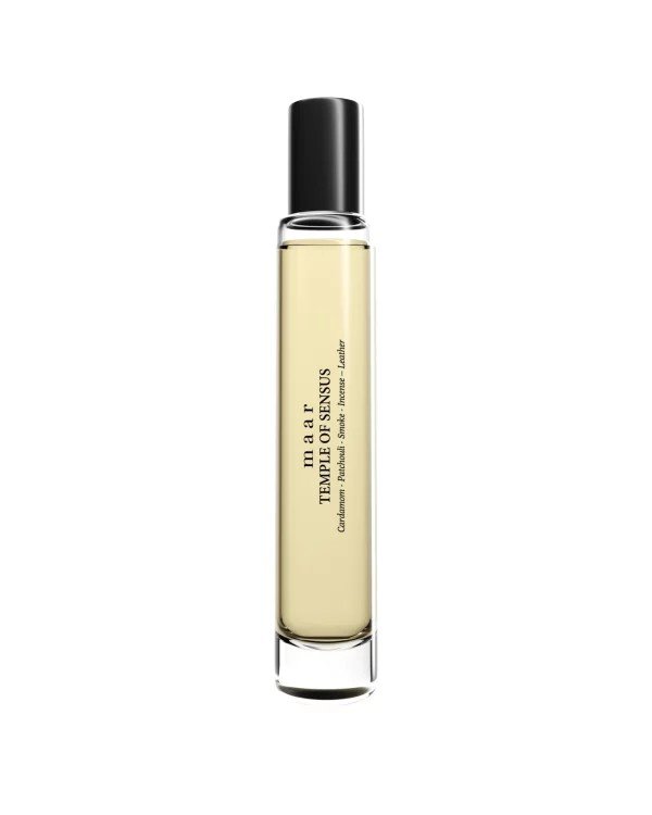 1. Maar Temple of Sensus spray perfume in a sleek glass bottle with black cap, 15ml size, on a white background