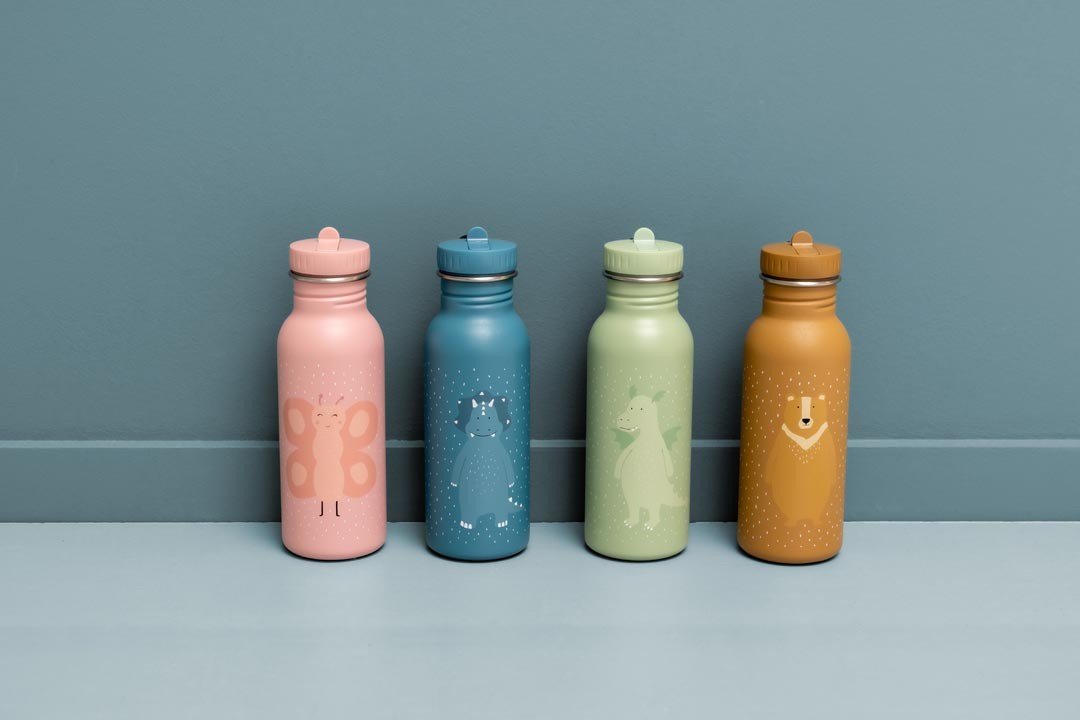 5. Four colorful stainless steel bottles with animal designs, including Mr. Triceratops, on blue background