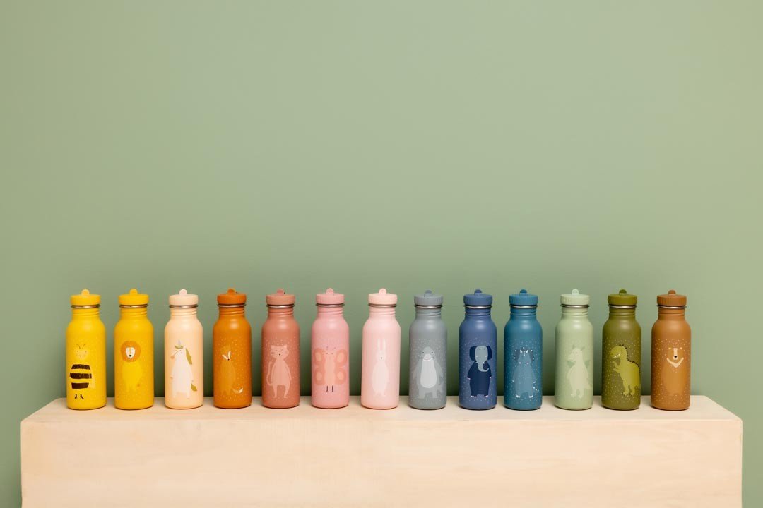 3. Collection of colorful stainless steel bottles on display, featuring various designs