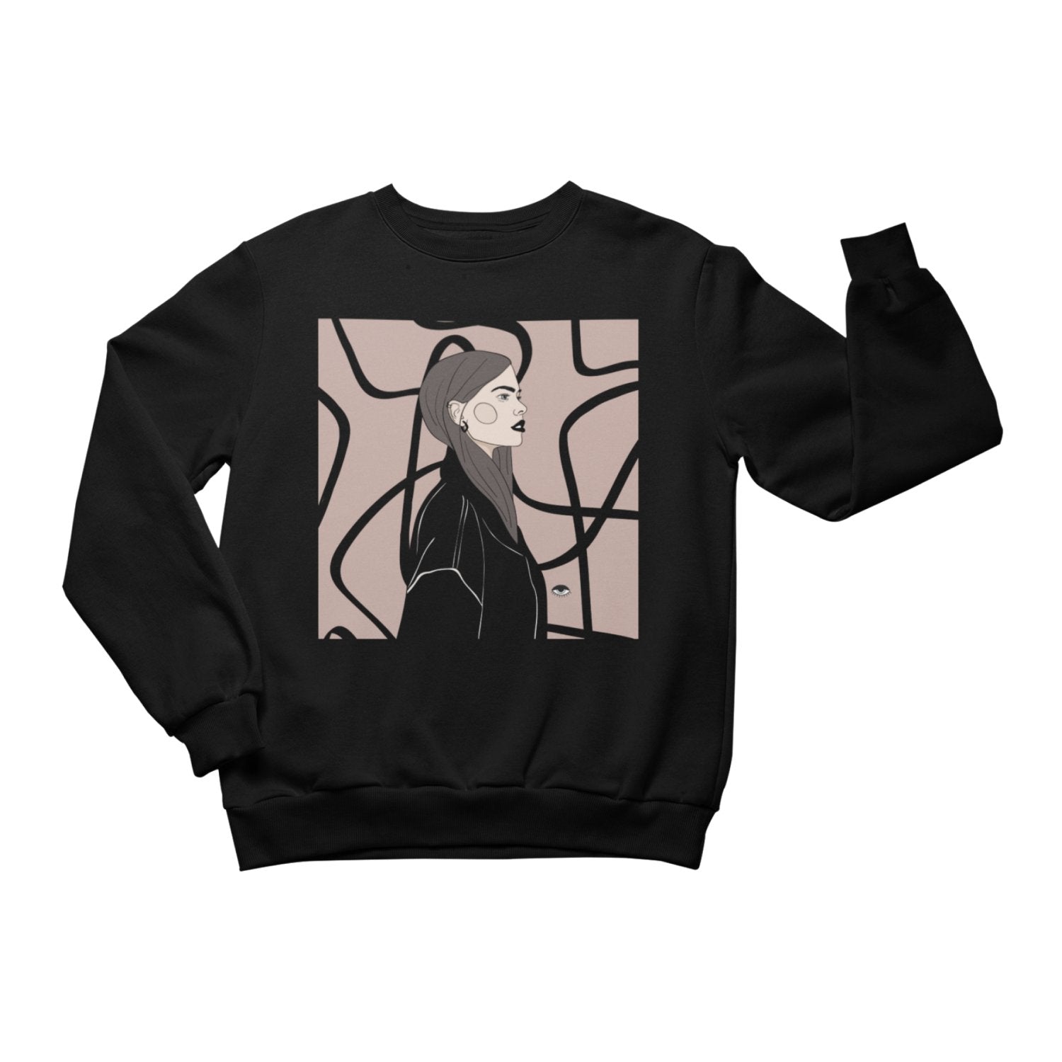 1. Unisex black crewneck sweatshirt with illustration by Getter Tiivits, featuring abstract design, studio setting