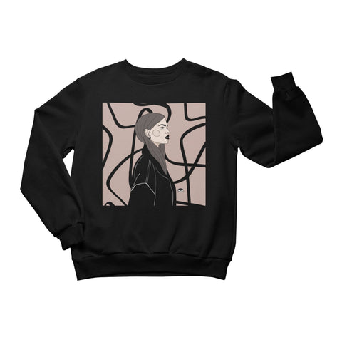 1. Unisex black crewneck sweatshirt with illustration by Getter Tiivits, featuring abstract design, studio setting