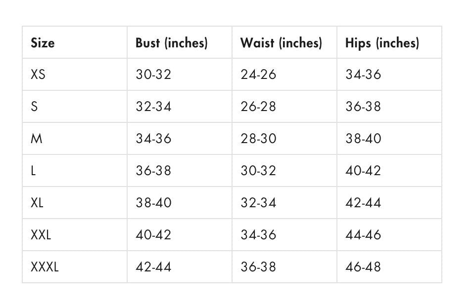 5. Size chart for SWIMSARA tan-through bikini set, showing bust, waist, and hips measurements in inches