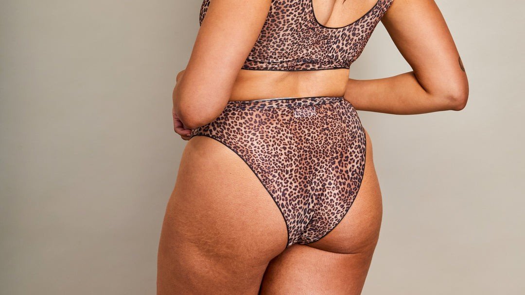 3. Back view of women's high-waisted bikini bottoms in mini feline print by SWIMSARA, studio shot