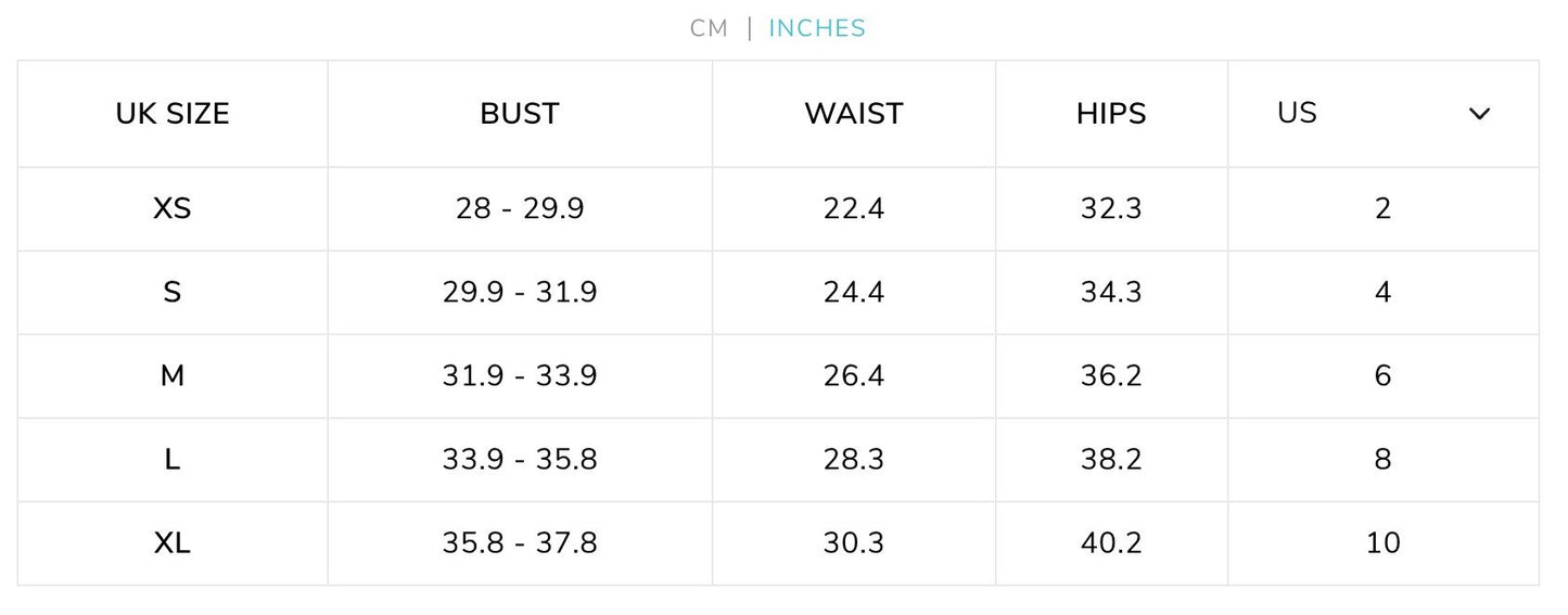 4. Size chart in inches for SWIMSARA bikini set, showing UK sizes XS to XL