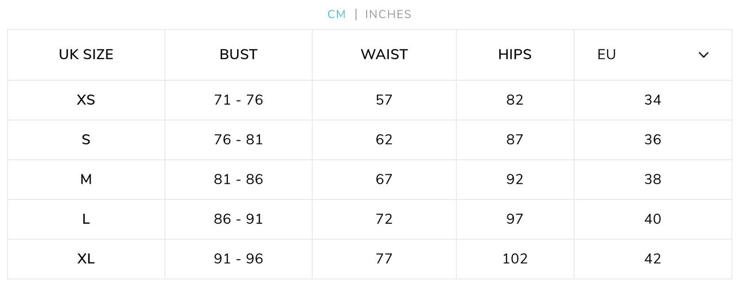 3. Size chart in centimeters for SWIMSARA bikini set, showing UK sizes XS to XL