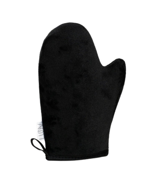 2. Studio image of LUUV Tanning Mitt in black polyester, featuring double-sided design and liquid-impermeable layer