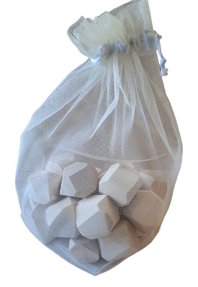 2. Mesh bag containing 20 uniquely shaped pinewood building blocks for kids by ROOSI Traditional Toys