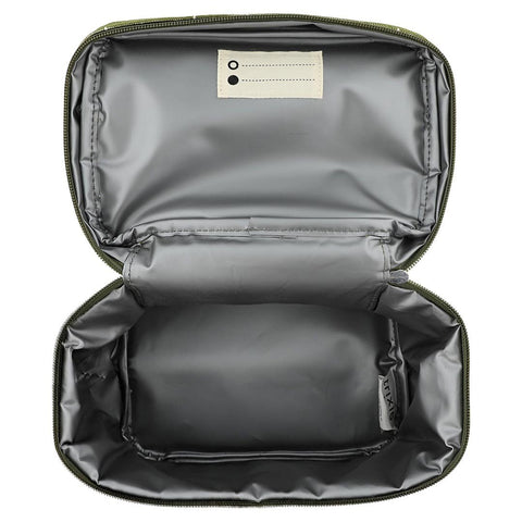 2. Interior view of thermal lunch bag showing spacious compartment and name tag, lined with polyester