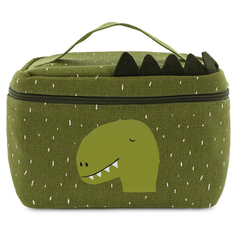 1. Green thermal lunch bag with playful dinosaur design and handle, made of cotton, by Trixie Baby