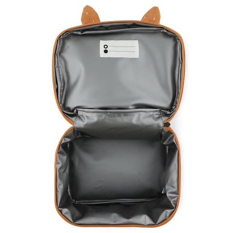 2. Open Trixie Baby Mr. Fox thermal lunch bag showing isothermal lining and name tag inside