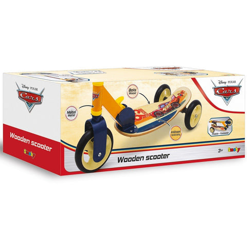 2. Packaging of three-wheeled wooden scooter with Cars theme, featuring wide platform and anti-slip wheels