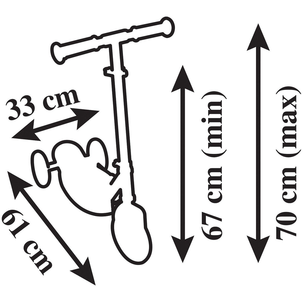 5. Size chart for three-wheeled wooden scooter showing dimensions and adjustable handlebar height