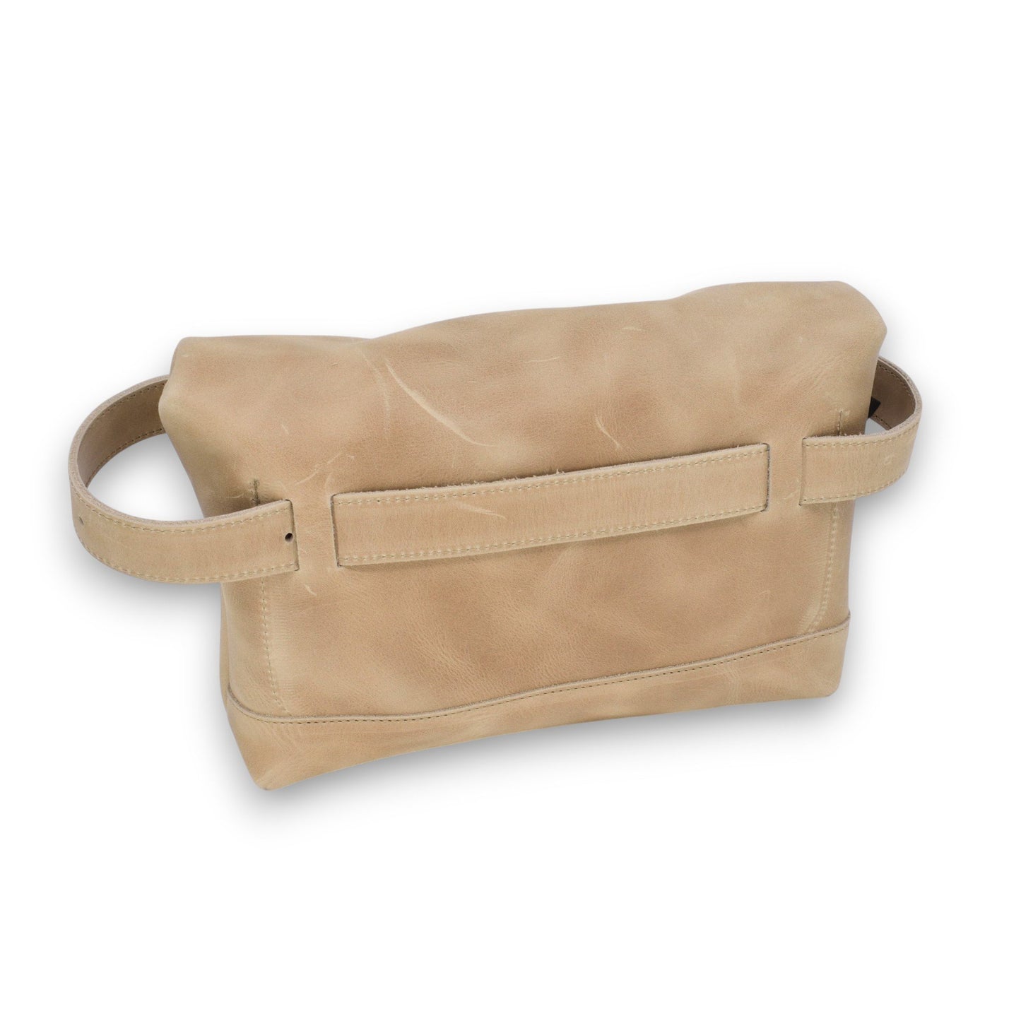 3. Back view of beige TOKU Lisbon bag by Omaking, highlighting strap and leather texture