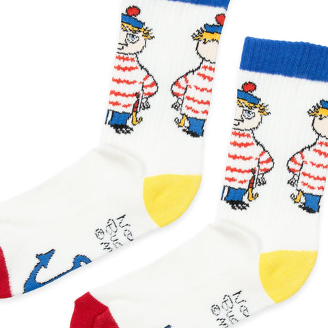 3. Close-up of Moomin Too-Ticky men's retro socks highlighting playful design and vibrant colors