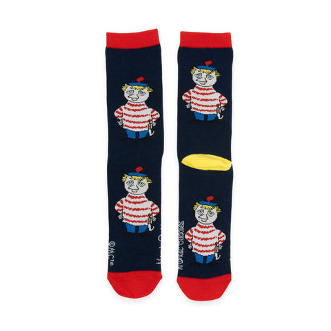 2. Studio image of Too-Ticky men's socks by Moomin, showcasing full design with character motif and NordicBuddies branding