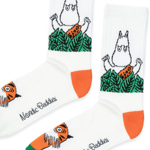 3. Close-up of Moomin Jungle men's retro socks showing detailed jungle design and Nordic Buddies branding