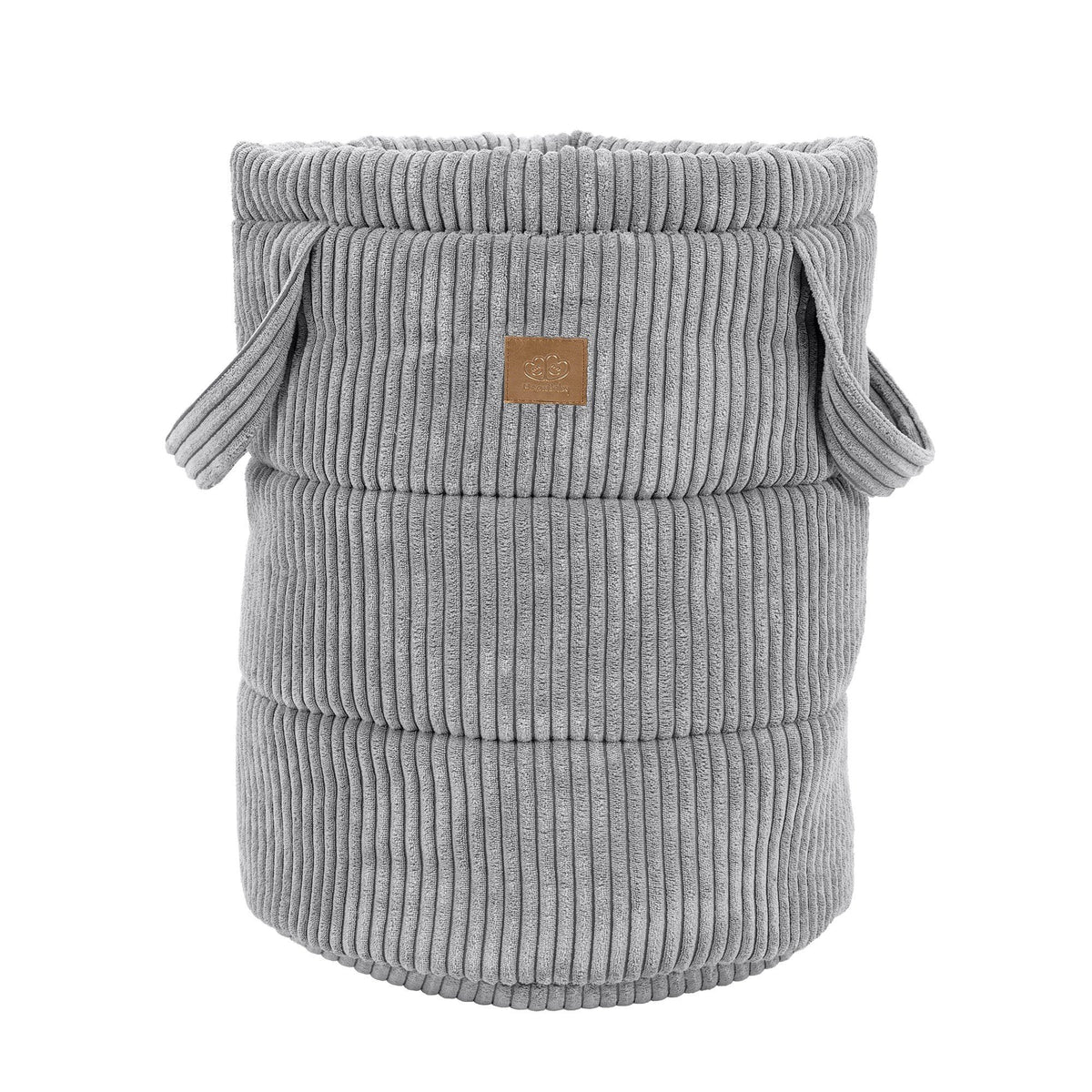 1. Grey corduroy toy storage basket with side handles and MeowBaby logo on white background