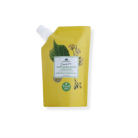 5. Studio image of travel size Magrada Organic Cosmetics linden flower conditioner in yellow pouch