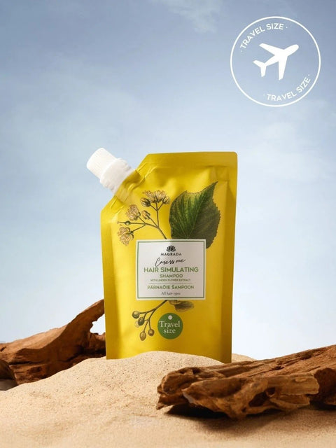 1. Magrada Organic Cosmetics travel size Linden Flower Shampoo with Nordic Birch Extract on sandy beach setting