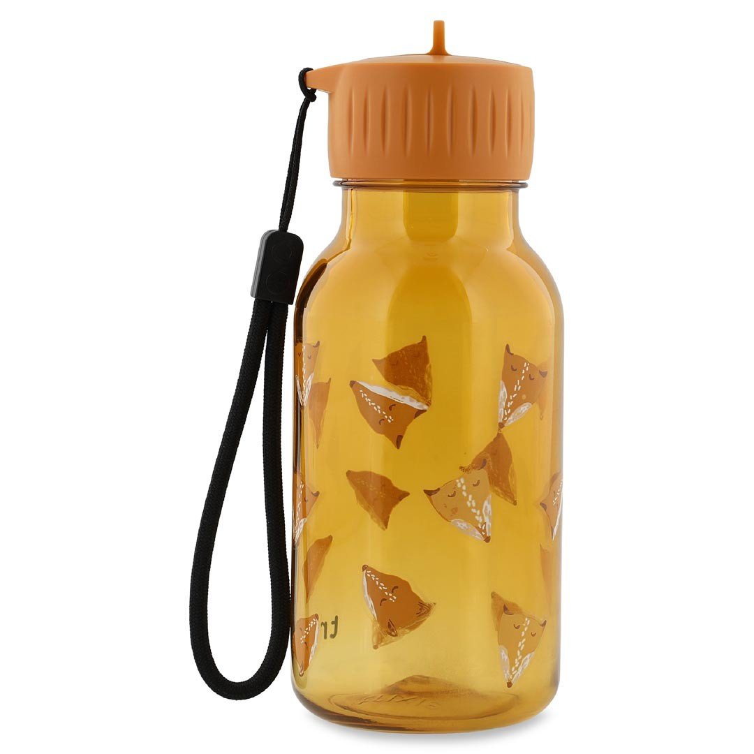 2. Orange Tritan bottle with fox print, orange cap, and black carry-loop, shown in studio