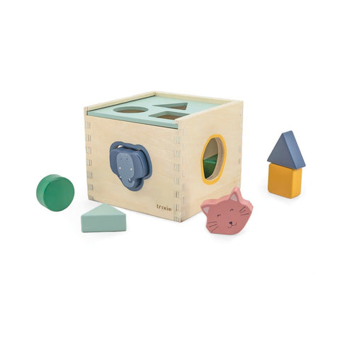 2. Trixie Baby wooden shape sorter with geometric shapes and animal faces on white background