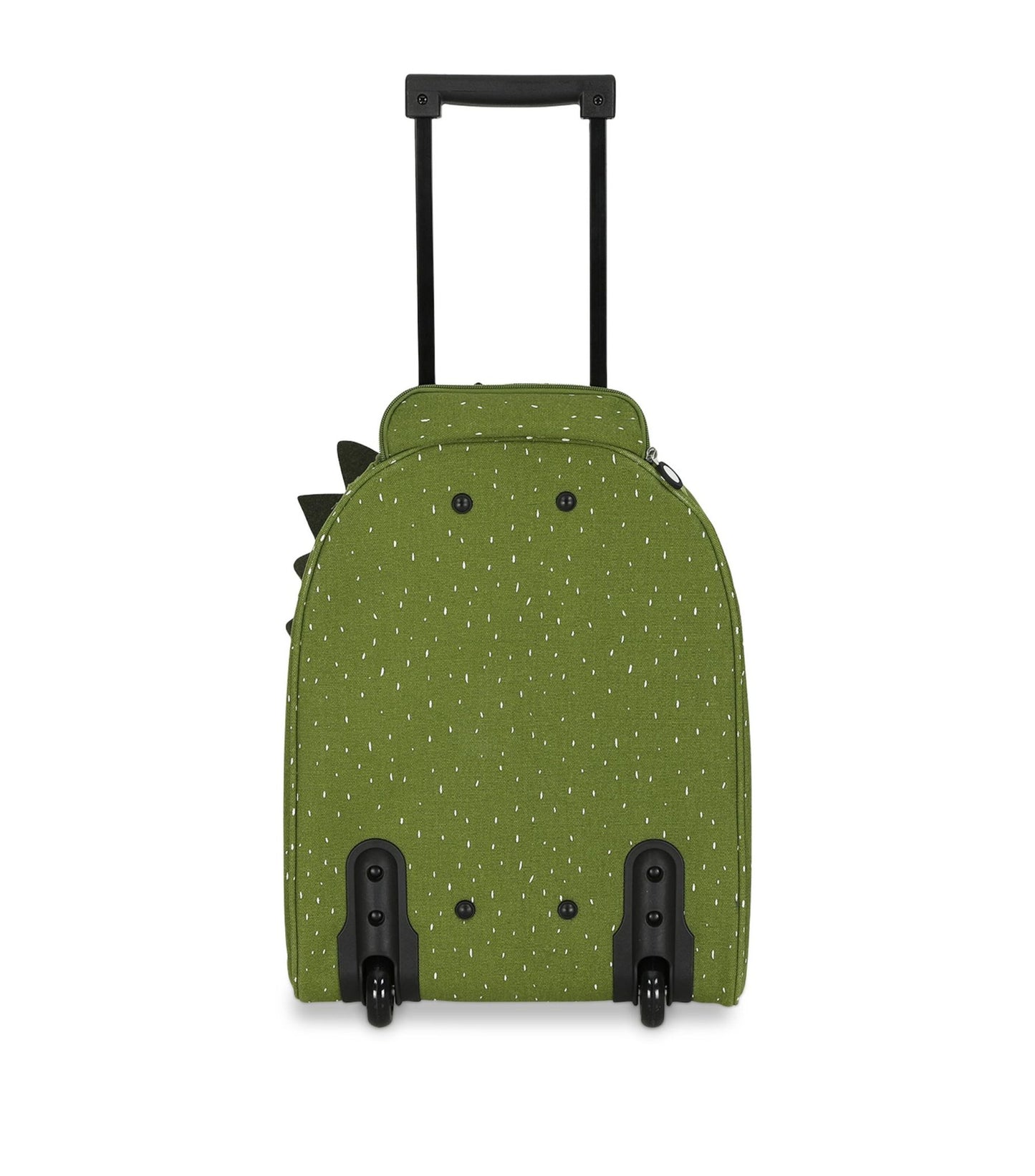 2. Back view of green kids' travel trolley with wheels and telescopic handle, by Trixie Baby