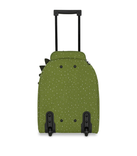2. Back view of green kids' travel trolley with wheels and telescopic handle, by Trixie Baby