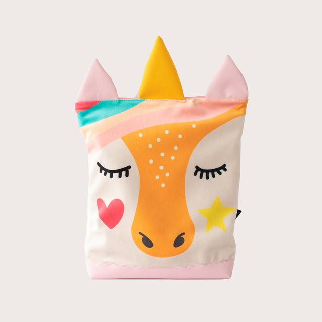 10. Studio image of MUNI Unicorn backpack, featuring colorful unicorn design and velvet fabric