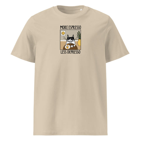 4. Studio shot of beige unisex T-shirt with 'More Espresso Less Depresso' print, front view